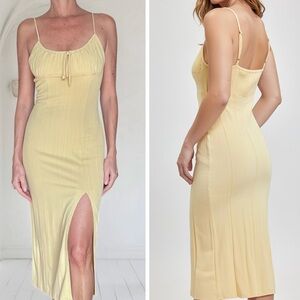 Mahina Maui Boutique Yellow Ribbed Midi Dress Large Front Slit Adjustable Straps